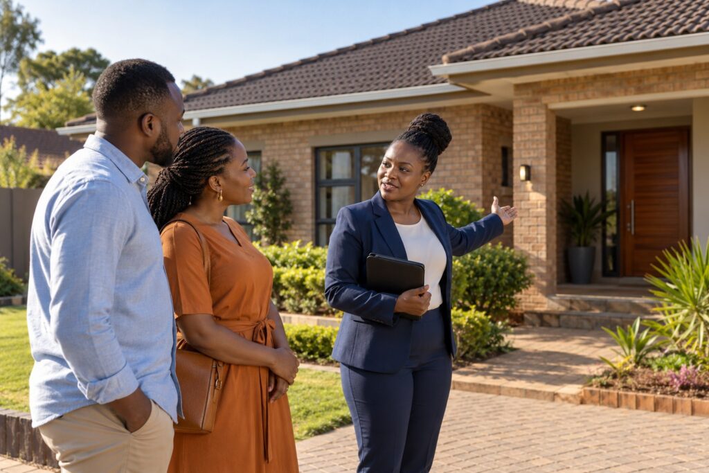 Estate agent showing a Zimbabwean home to prospective buyers