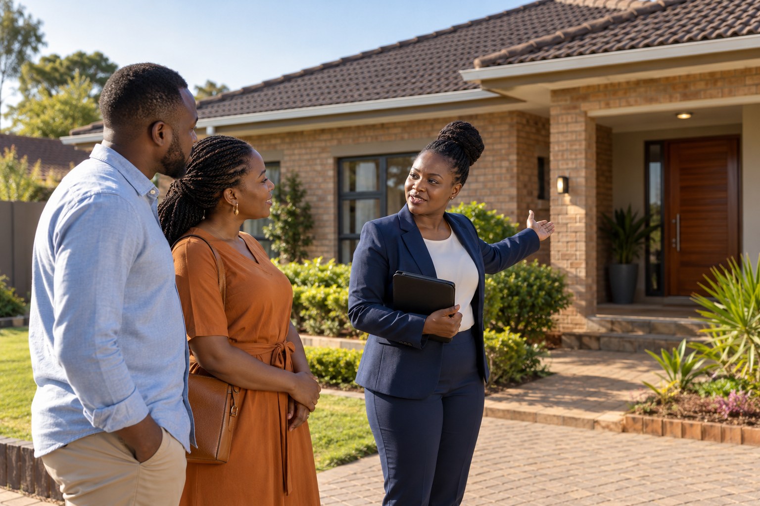 Estate agent showing a Zimbabwean home to prospective buyers