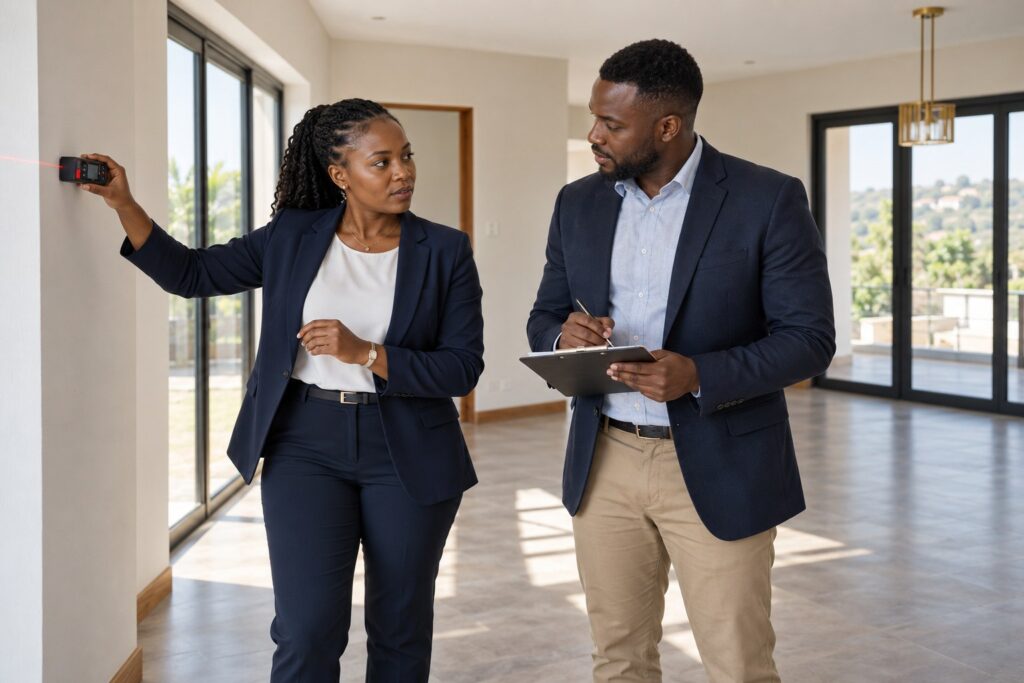 Property appraiser measuring an unfurnished home
