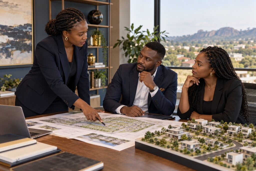 Property professionals reviewing development plans