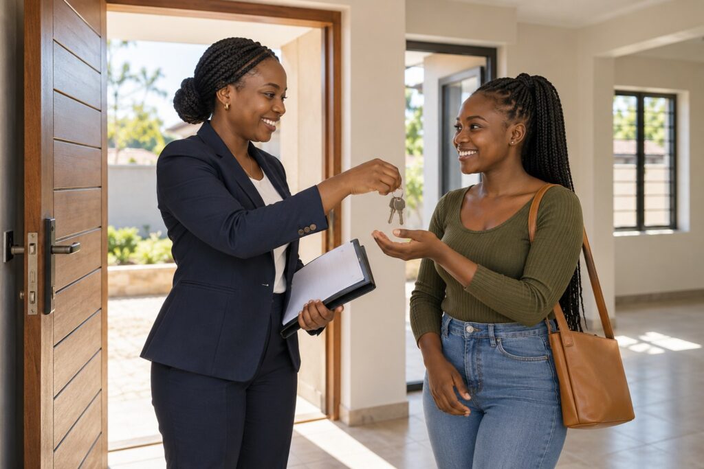Estate agent handing rental keys to a tenant