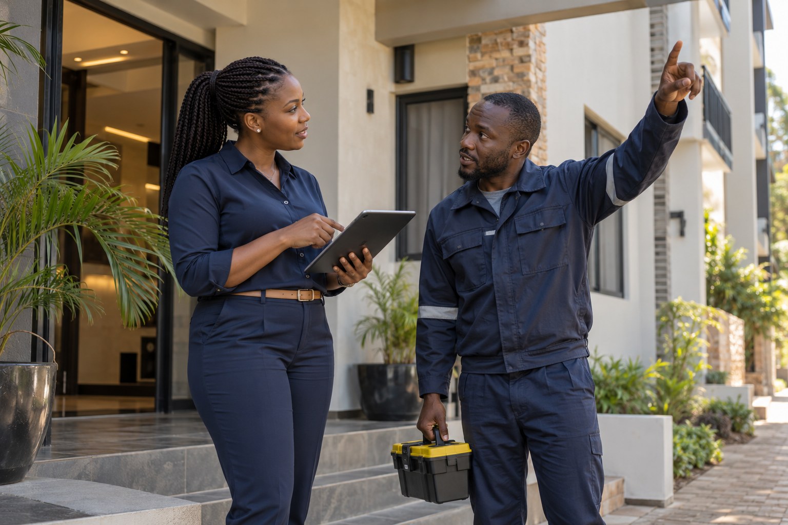 Property manager and technician inspecting a rental building