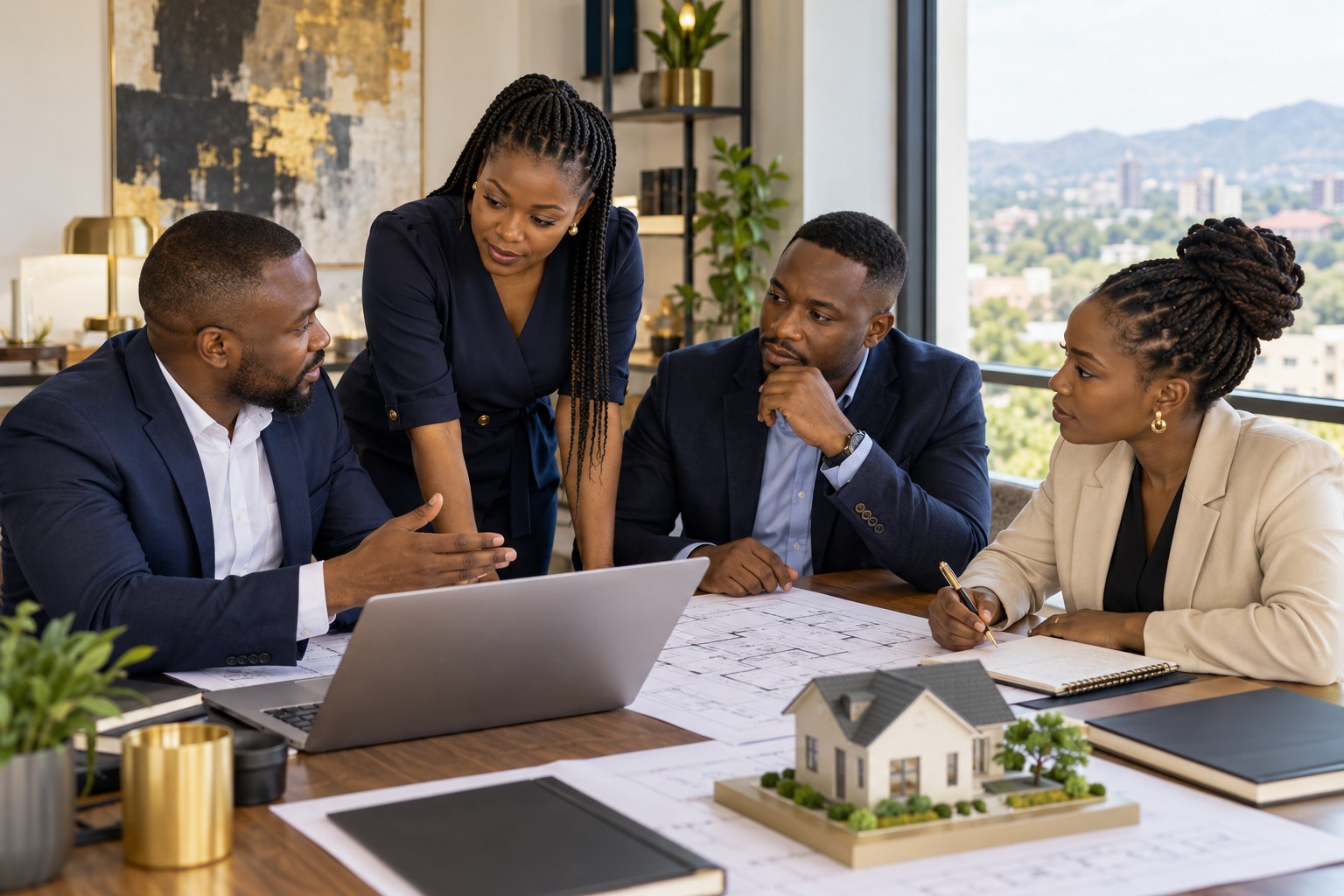 Black African property professionals collaborating in an office